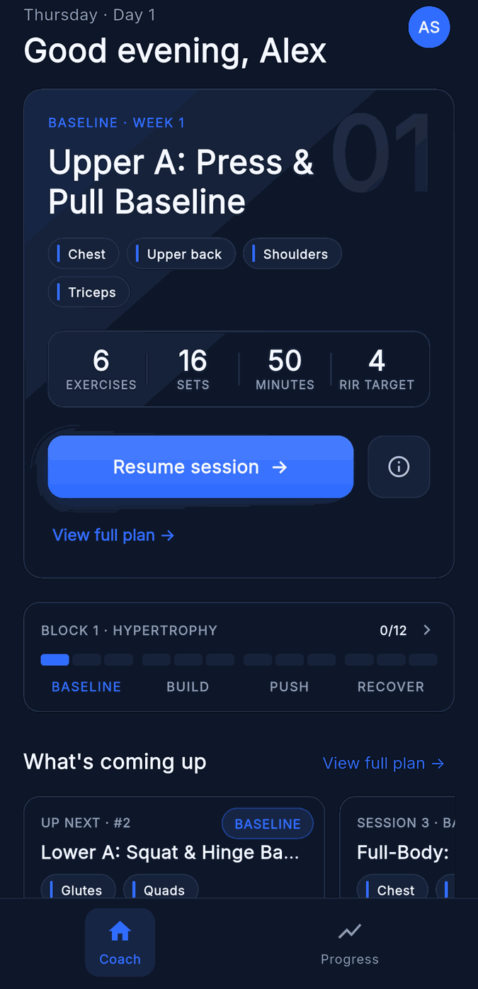 Coach hero — daily session view with phase tag