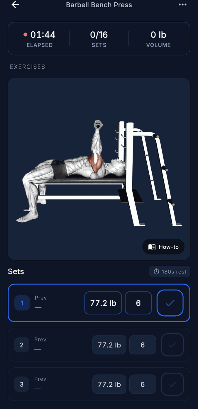 Mid-session view showing Barbell Bench Press with anatomical muscle highlighting
