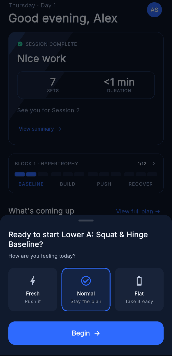 Pre-session check-in asking how you feel today, with Fresh, Normal, and Flat options
